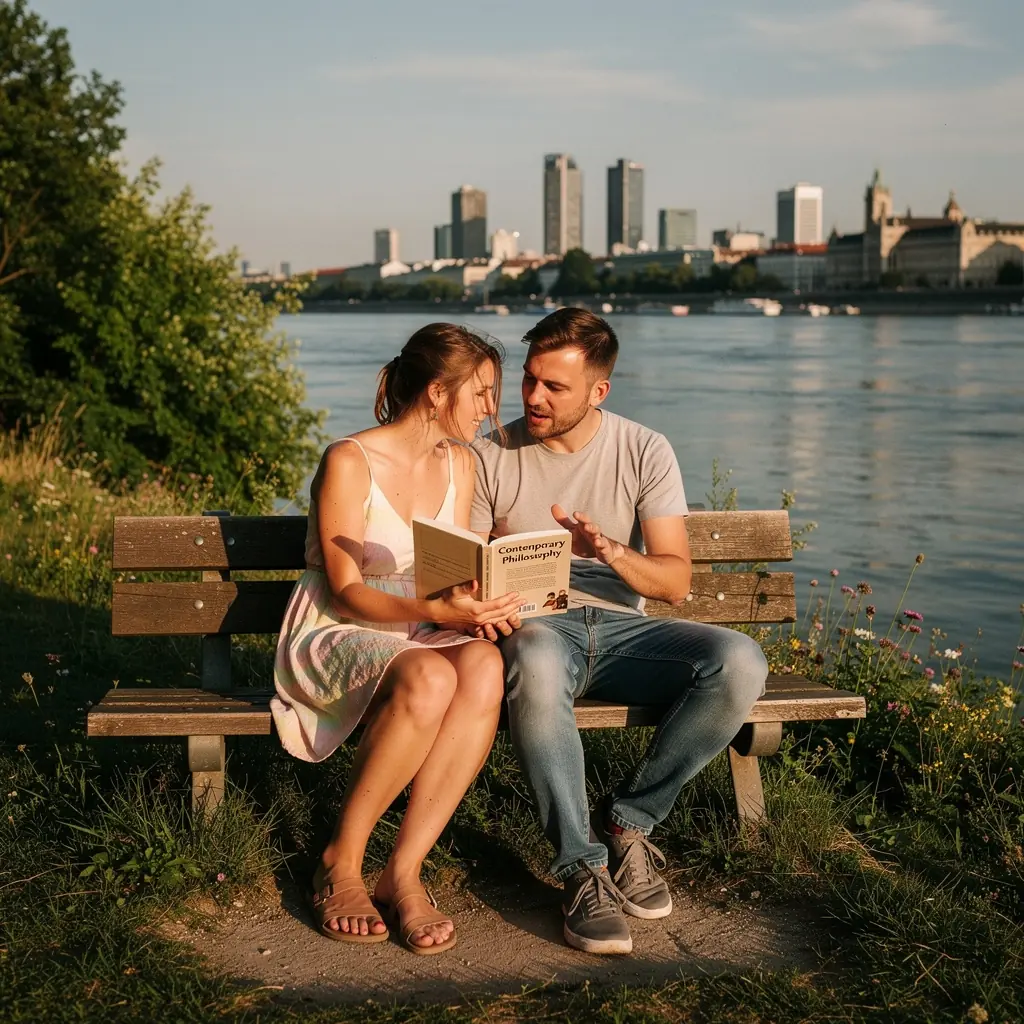 Ein Leser, der in einer gemütlichen Wiener Buchhandlung ein zeitgenössisches philosophisches Buch durchblättert.
