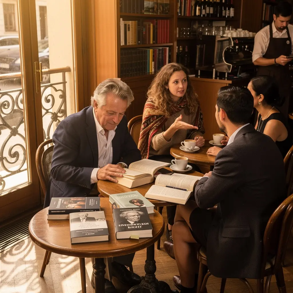 Ein Stapel philosophischer Bücher auf einem Holzregal in Wien.