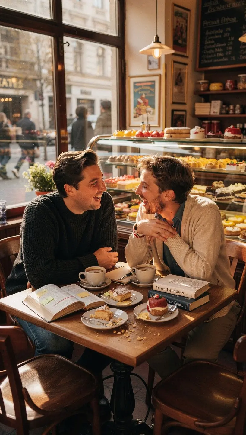 Ein Stapel philosophischer Bücher auf einem Holztisch in einem Wiener Café.