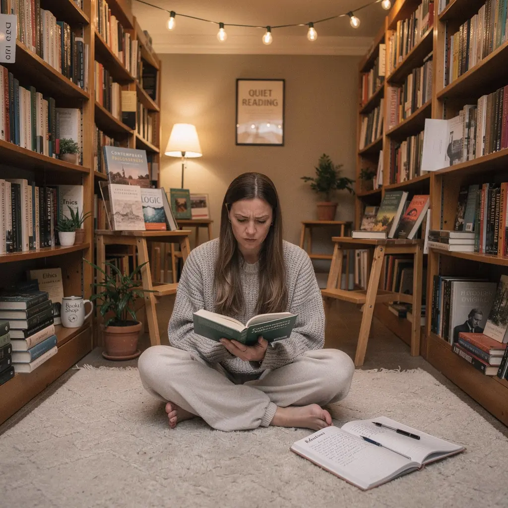 Ein Stapel philosophischer BГјcher auf einem Tisch in einer Wiener Bibliothek.